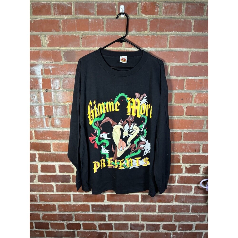 Vintage 90s Looney Tunes Taz Shirt Black Gimme More Presents Christmas Adult XL
